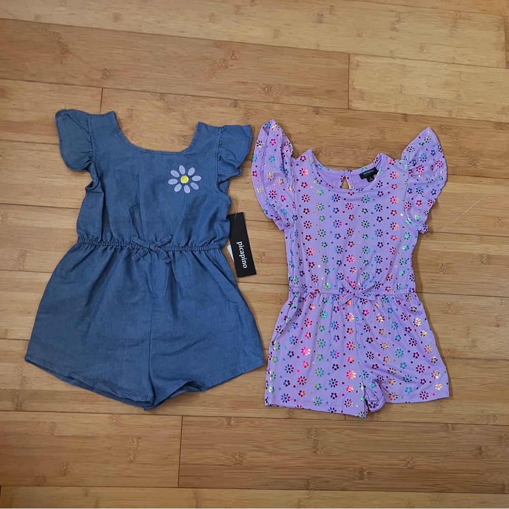 NWT Girls Size 5 Chambray & Purple Print 2 pack Rompers Set Outfits